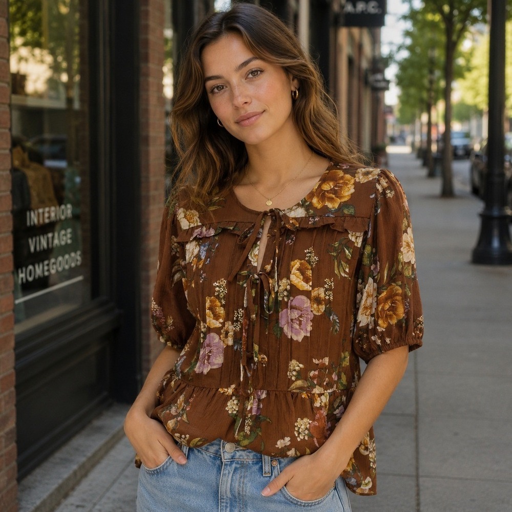 Laura Ashley Floral Peplum Top M Chocolate Brown Ruffle Tie Front Cottage Boho